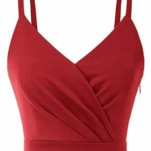 Sexy Ruched Bodycon Dress V Neck Spaghetti Strap Pencil Red Small
